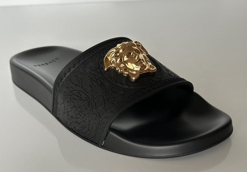 Pre-owned Versace Gold Medusa Head Slides Sandals Black 11 Us (41 Eu) Dsr262cn It $450