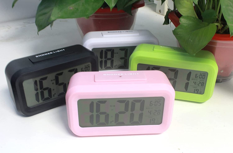 LCD Smart Digital Alarm Clock - Indoor Temp, Sensor, Night Light, Black