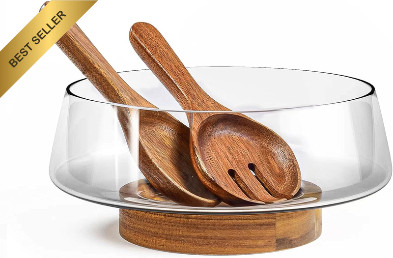 Extra Large Glass Salad Bowl Set - Party Salad Bowls with Acacia Wood Base and S