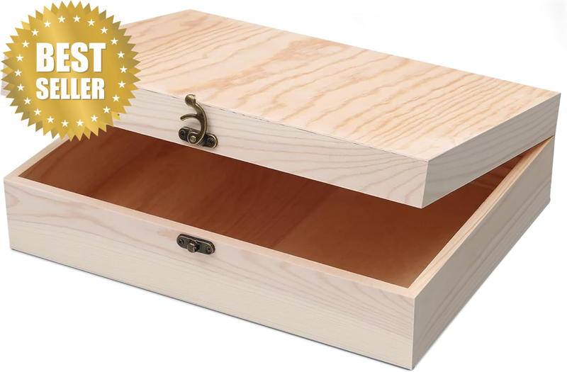 Unfinished Wooden Box with Hinged Lid for Crafts DIY Storage Jewelry Pine Box -
