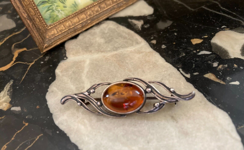 Bijou Ancien Epinglette Argent & Ambre Xxe Broche Antique Silver + Amber Brooch