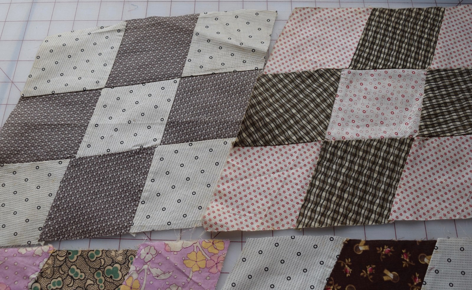 6 1880-1920 Diamond 9 Patch quilt blocks, nice graphic!