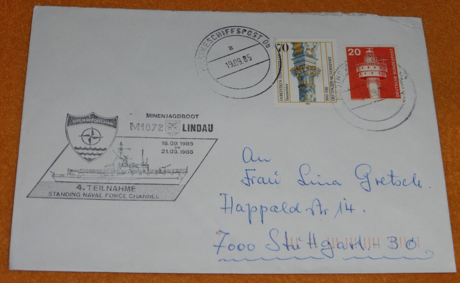 Minenjagdboot M1072 Lindau Bundeswehr Marineschiffspost MSP Stuttgart 1985