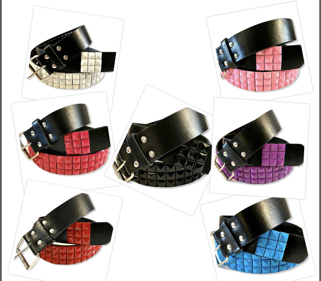 小物 ARMANI Triple Pyramid Studs Belt Mens Womens 3-Row Metal Pyramid Studded Leather Belt Checker