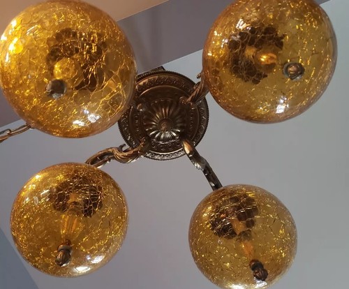 Hollywood Regency Solid Brass Swag Chandelier Yellow Crackle Glass Shades RARE!!
