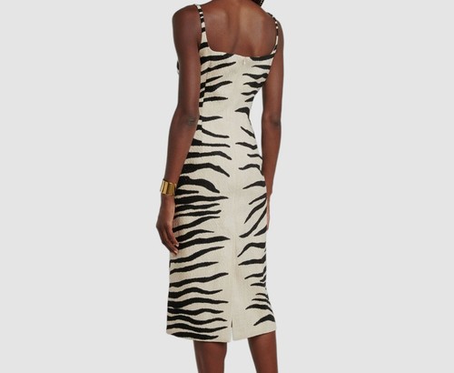 Pre-owned Dries Van Noten $1495  Women's Ivory Dozz Zebra Print Sheath Midi Dress Size 36 In White