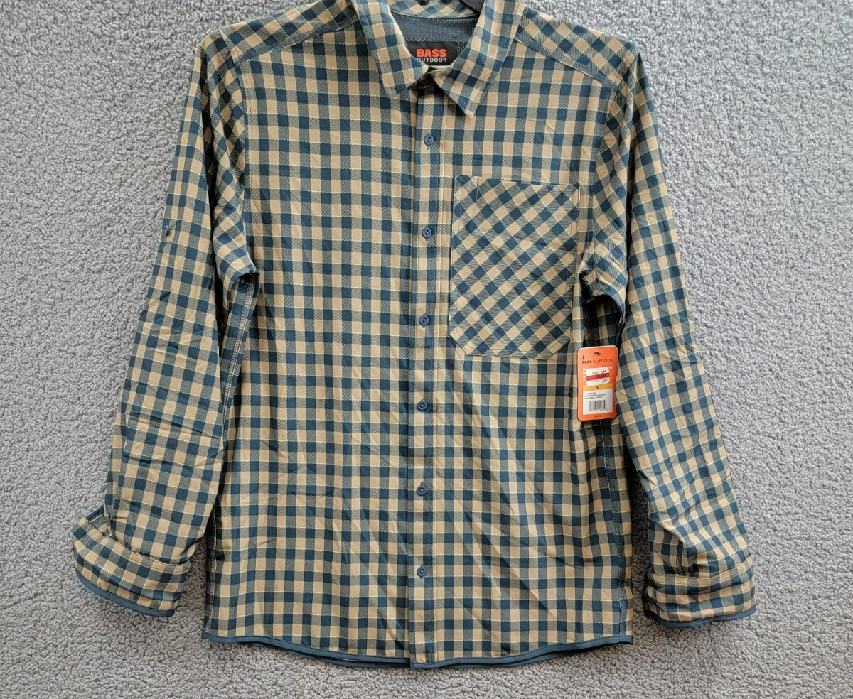 BASS OUTDOOR Cool Plaid Long-Sleeve Shirt Mens S Kelp Small Buffalo Patch Pocket - Picture 2 of 19