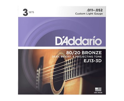 D'Addario EJ13 80/20 Bronze Acoustic Guitar Strings 3-Pack - 11-52 Gauge