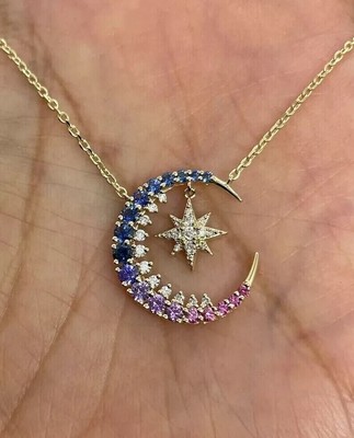 Women's Gorgeous Moon Pendant Round lab Created Sapphire 14k Yellow Gold Plated