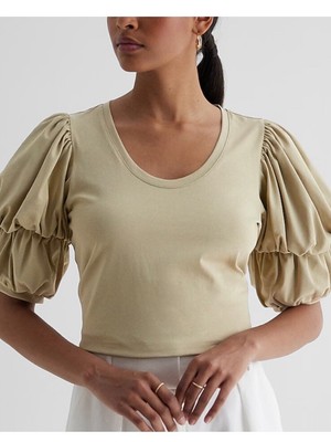 NWT EXPRESS Floral Puff Sleeve Top Size XS Extra Small Elm Tan