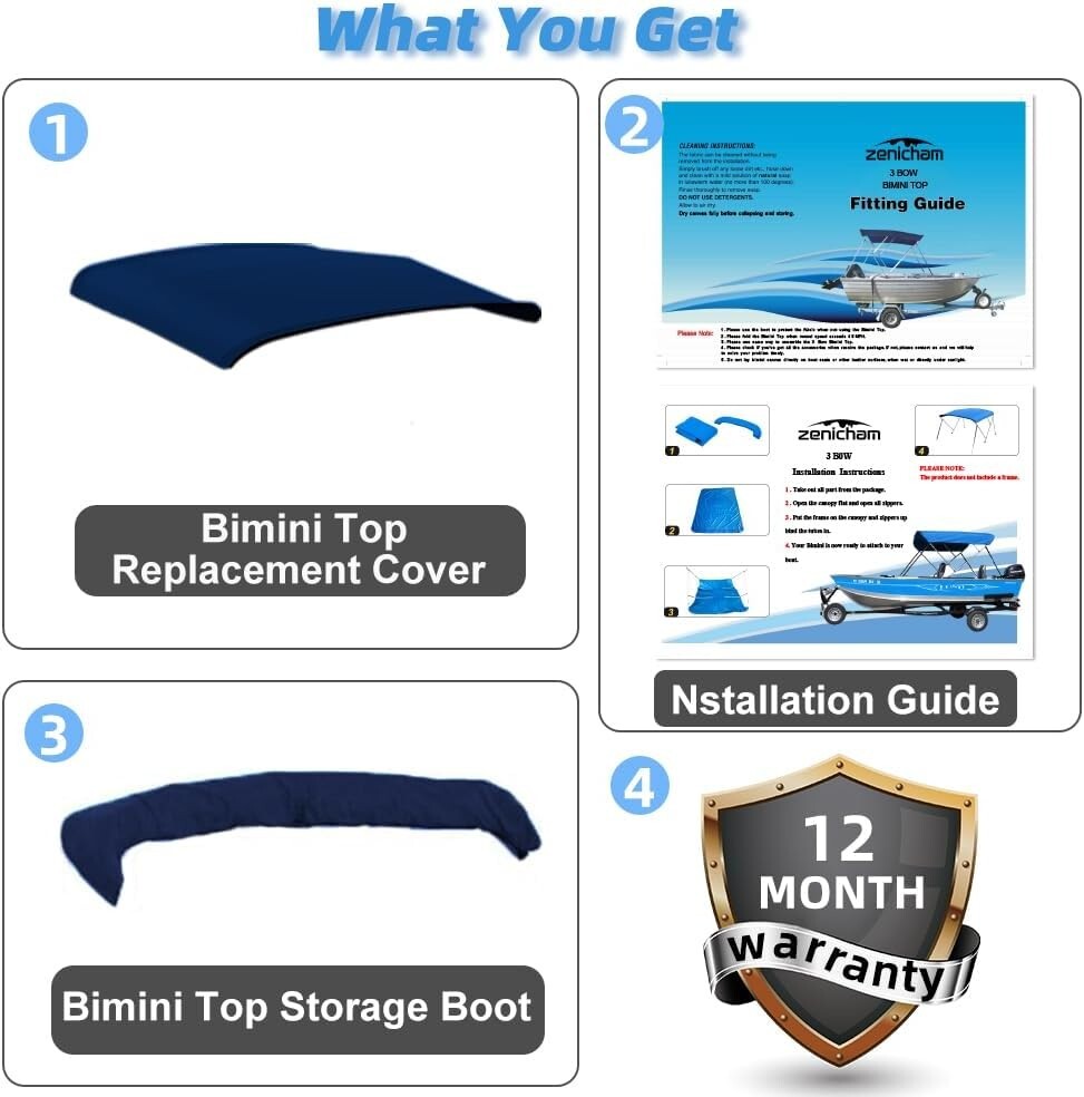 4 Bow Bimini Top Replacement Cover, Zipper Sleeves Boat Awning (without Frame)
