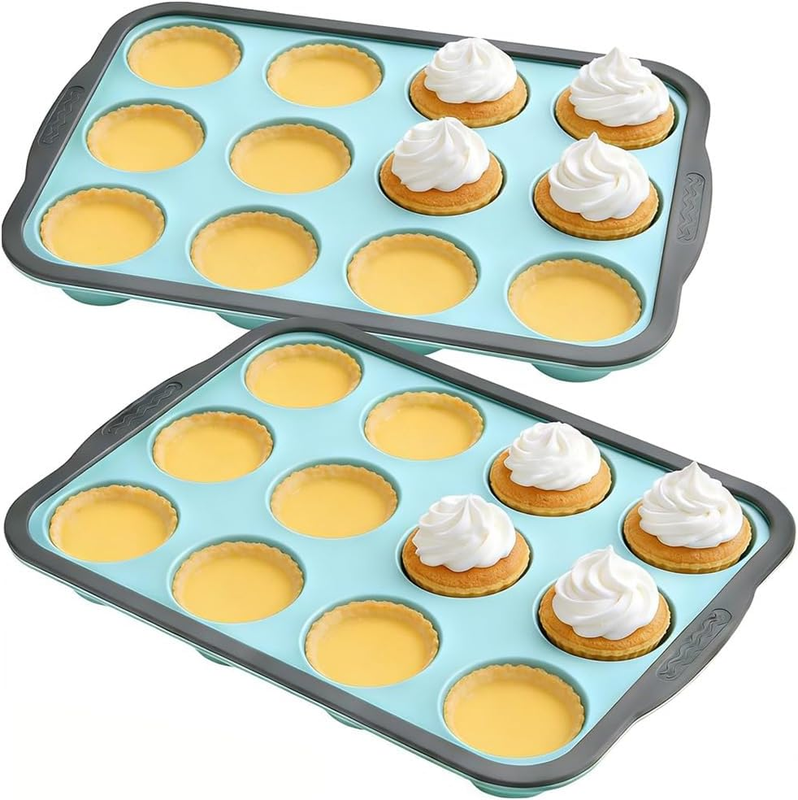 2 Pack Silicone Muffin Pans with 12 Cavities Each, Non-Stick Baking Molds, Easy 