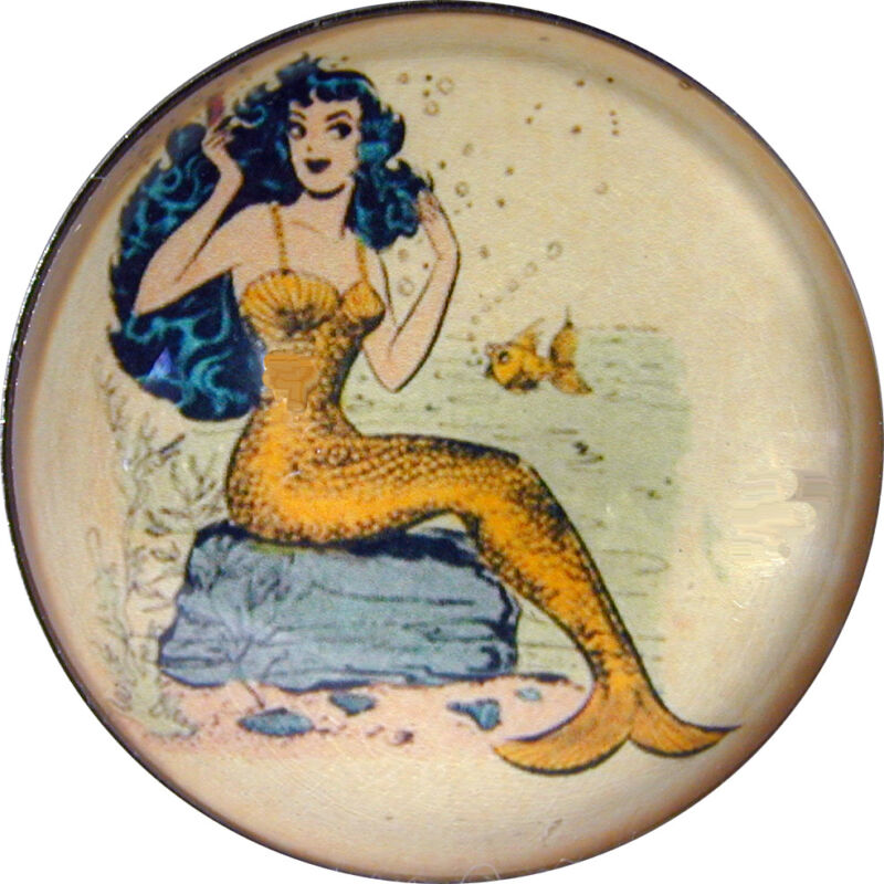 Crystal Dome Button Lg Sz  Vintage Mermaid on Rock  MM 16  FREE US SHIPPING