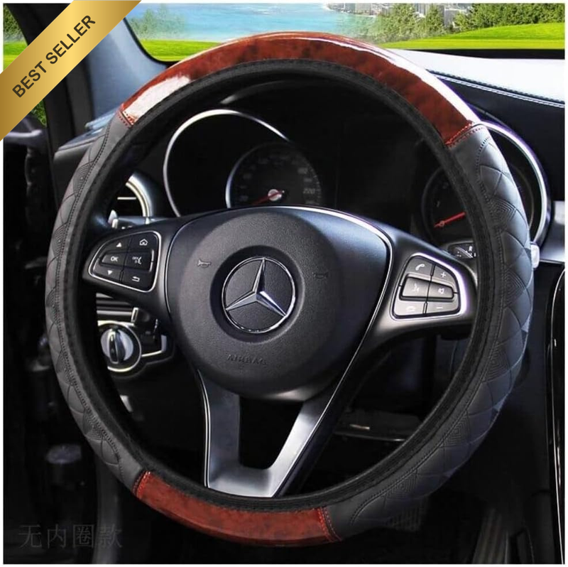 Car Steering Wheel Cover Mahogany Wood Pattern PU Leather Steering Wheel Coverau