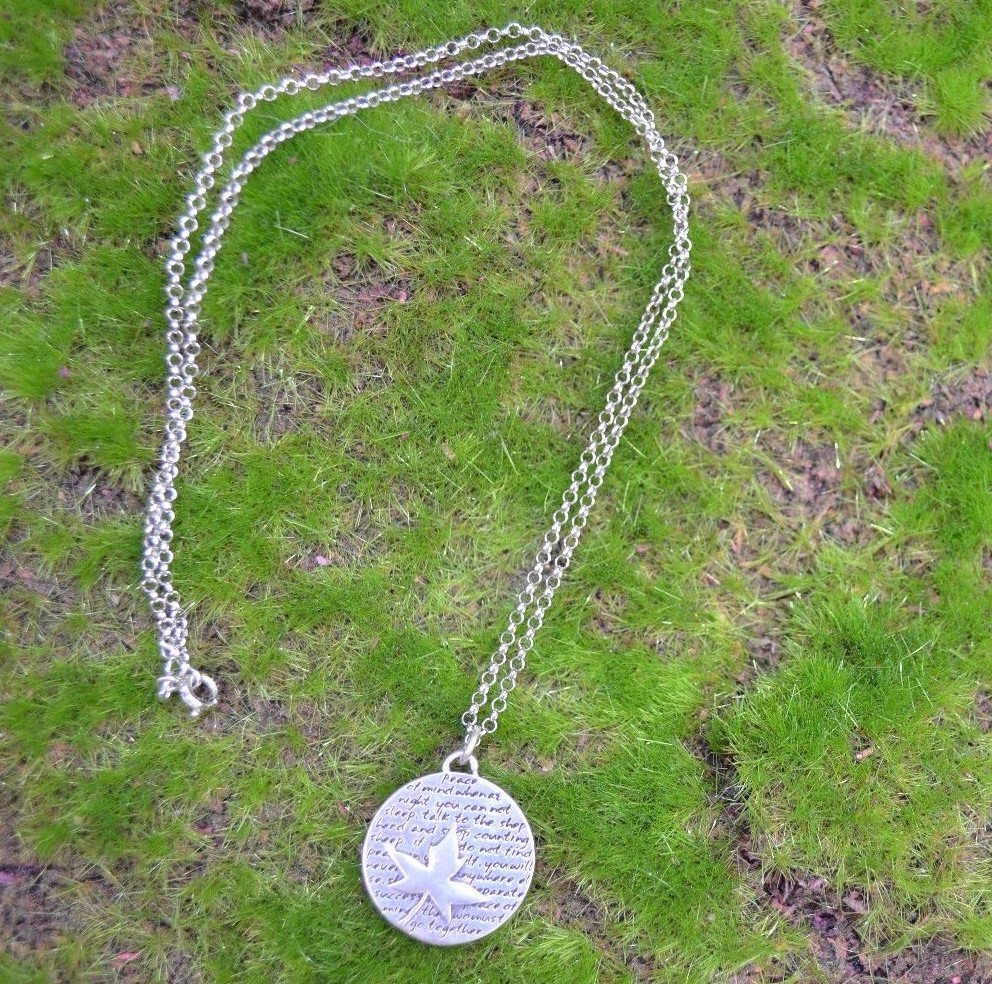 Kevin N Anna MAPLE ' Peace of Mind 'quote Sterling Silver Large Pendant Necklace