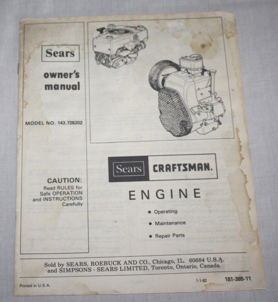 Sears Craftsman Engine Owner's Manual, Model 143.726202, 1982 vintage