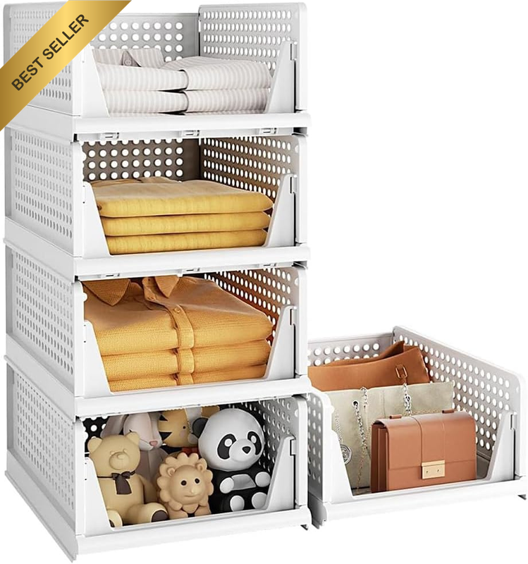 Stackable Plastic Storage Basket Foldable Closet Organizers, 5 Pack Stackable Pl