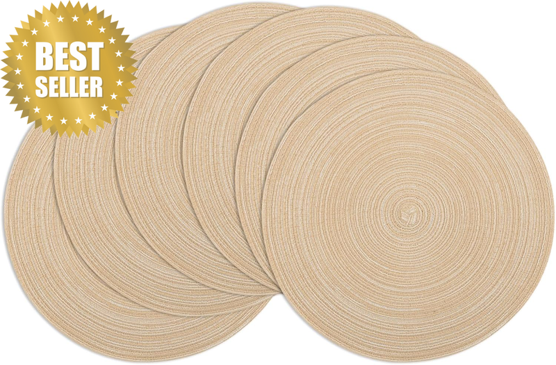 Round Braided Washable Placemats Set of 6, 15 Inch Non-Slip Heat-Resistant Table