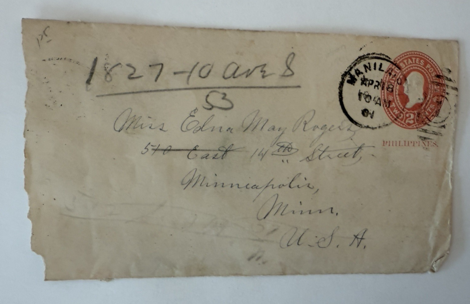 1901 Manila, Philippines, to Minneapolis, Minnesota Postal Cover 2c