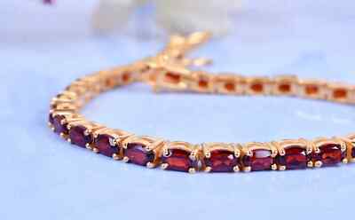 12Ct Oval Lab Created Red Garnet 7.5'' Tennis Bracelet 14K Yellow Gold Plated