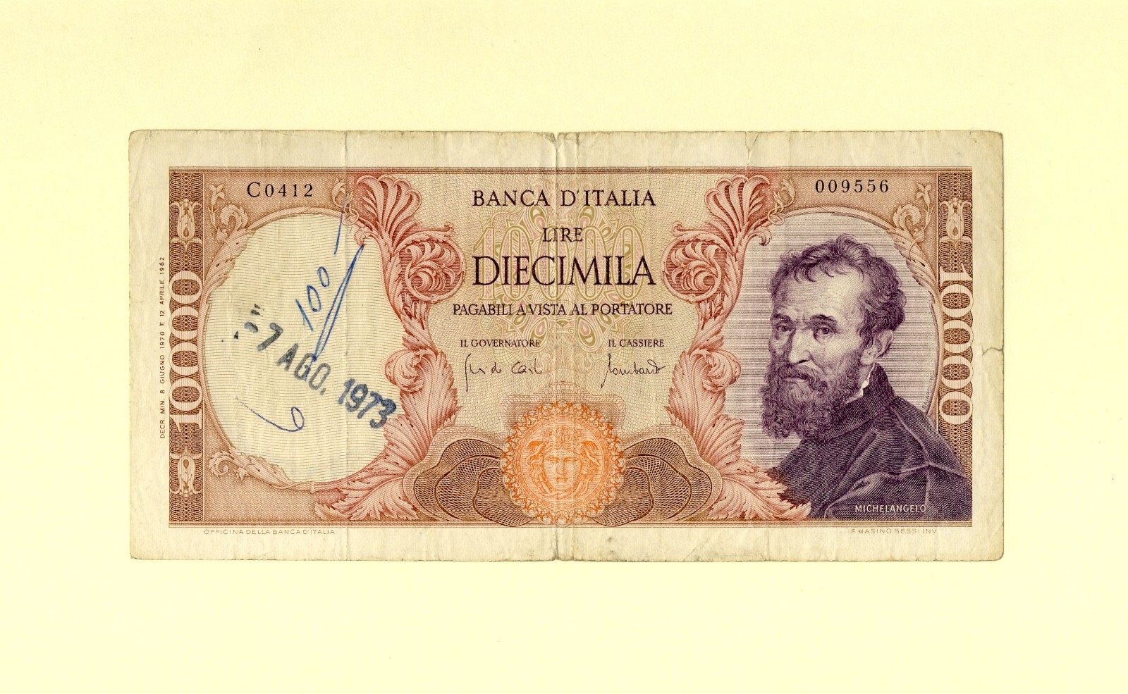 ITALIA ITALY 10.000 LIRE 1970 P-97e F++ REPUBLIC BANCA D