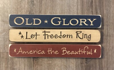 New Primitive Patriotic Americana 3 OLD GLORY FREEDOM WOOD BLOCK SIGN Shelf Sit
