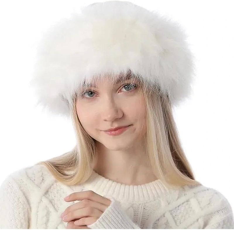 Women'S Faux Fur Russian Hat, Winter Warm Fluffy Cossack Style Beanie for Cold W
