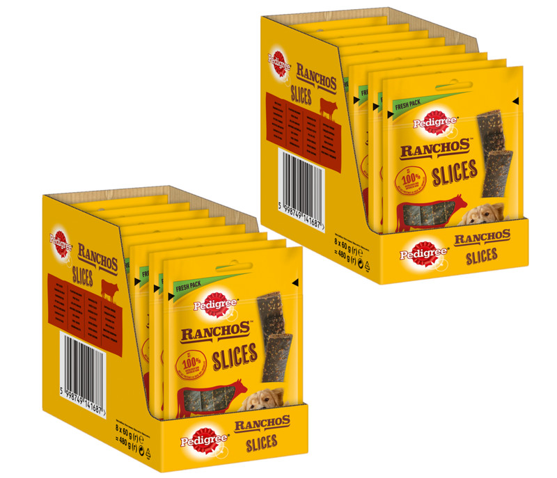 16x60g Pedigree Ranchos Slices Hundeleckerli Leckerli Portionsbeutel Rind