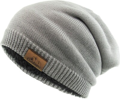 KB ETHOS Oversized Slouch Sherpa Fleece Fur Lined Gray Winter Beanie Hat