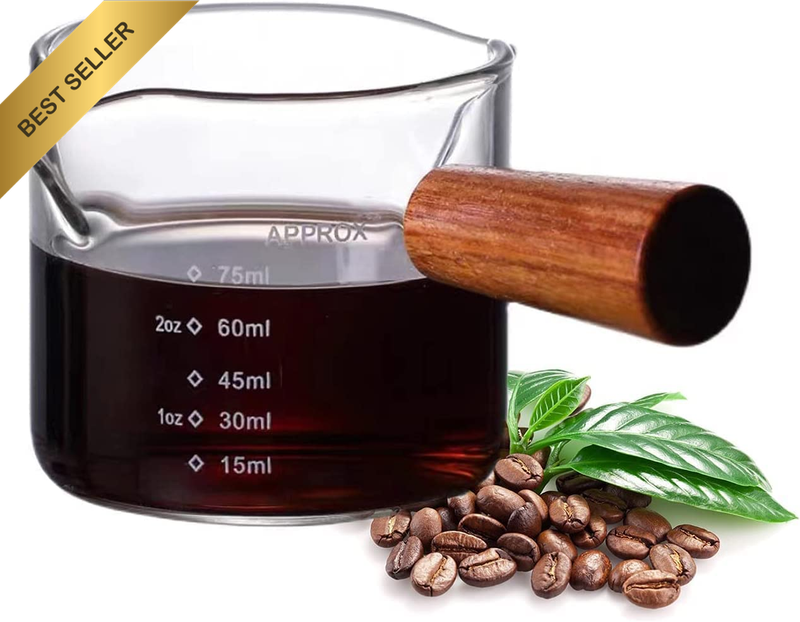 75ml Double Spout Measuring Pitcher Milk Cup with Wood Handle Espresso Glass