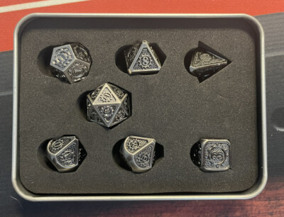 7pcs Polyhedral Metal Dice Set - Silver Gear Theme/Color - D4 through D20 - DND