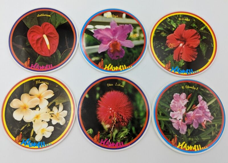 Vintage Hawaiian Coasters Tropical Flower Photos Hawaii Tiki Set Of 6 Usa Made