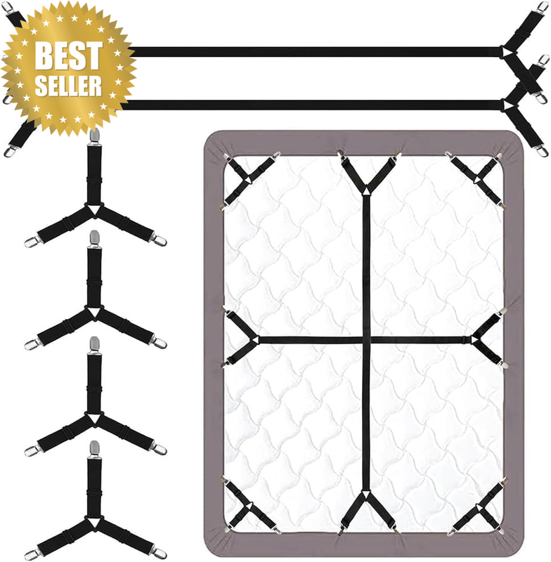Elastic Crisscross Fitted Sheet Straps with Triangle Clips, 6 Piece Bedsheet Fas