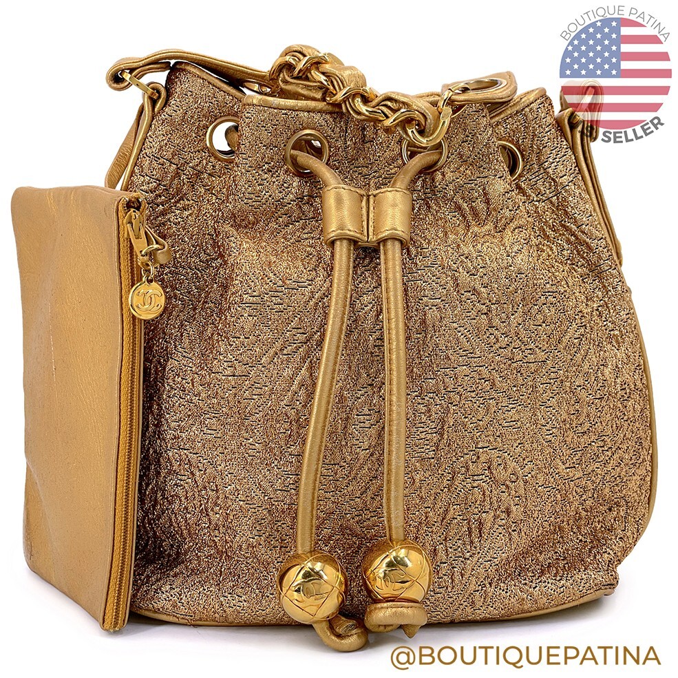 Chanel 1993 Vintage Gold Silk Brocade Bucket Drawstring Bag