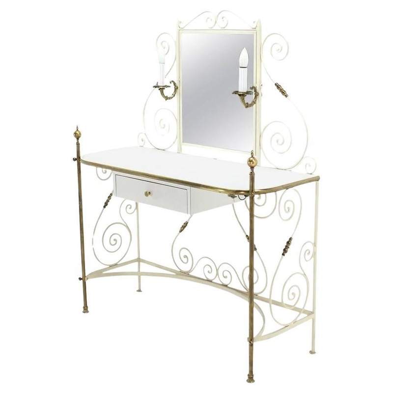Decorative Vanity Dressing Table Milk Glass Top Metal Scroll Brass