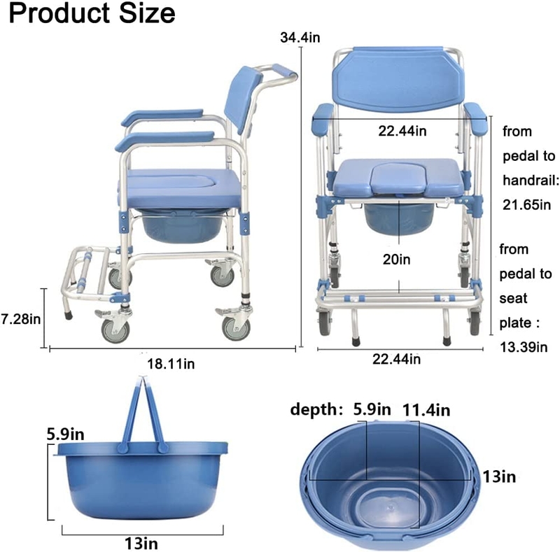 Rolling Shower Chair with Wheels Lightweight Bedside Commode Chair Transport Sho