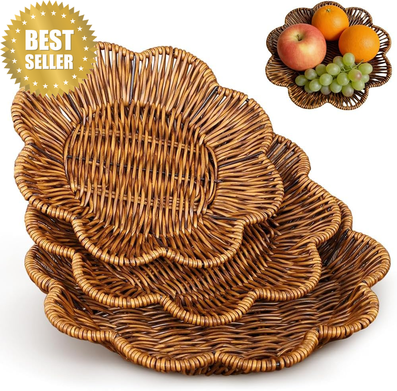 3 Pcs Poly Wicker Bread Basket Set, Vintage Woven Design | Durable Poly Wicker B