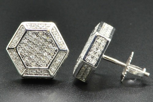 Pre-owned Jfl Diamonds & Timepieces Diamond 3d Hexagon Shape Studs Mens Ladies 10k White Gold Pave Earrings 0.55 Ct.