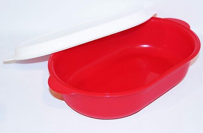 Tupperware Floresta Serving Dish with Cover Large Oval Container Red & White