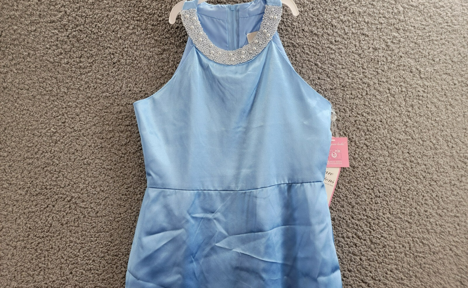 Rare Editions Sleeveless Imitation Pearl Halter Dress Big Girls 14 Blue Back Zip - Picture 3 of 16