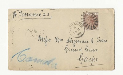 Barbados 1890 4p brown single franking to Grand Greve , Gaspe, Canada
