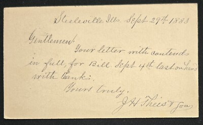 Steeleville Illinois Antique Postal Card 1883 PM Billing Invoice