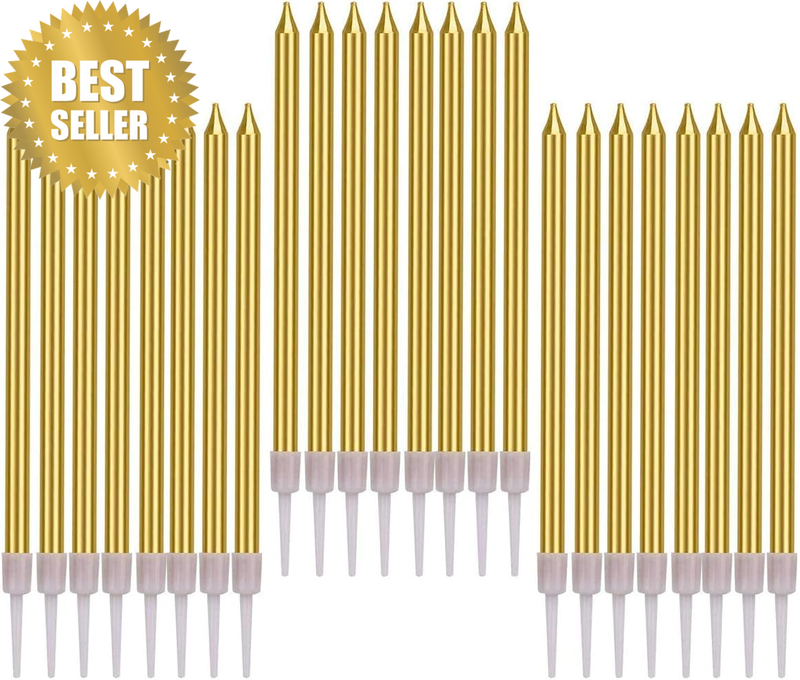 Birthday Cake Candles, 24 Pcs Golden Cake Candles, Long Thin Birthday Candles fo