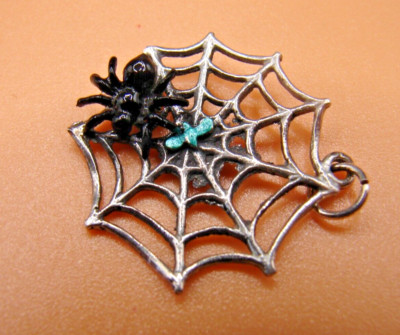 STERLING Silver enamel SPIDER on WEB w FLY CHARM, MOVES