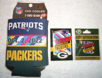 GREEN BAY PACKERS / N.E. PATRIOTS DATED 10/2/22 GAME DAY PIN, COOZIE, MAGNET NEW