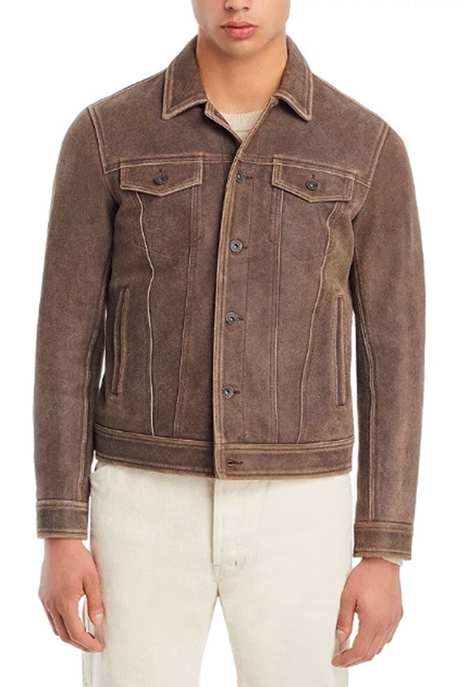 Pre-owned John Varvatos Men's Andrew Leather Trucker Jacket Size: Eu 48, Us 38 (m) In Brown