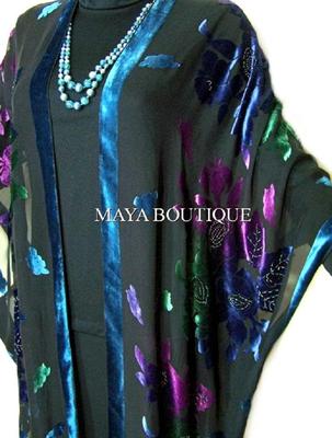 Pre-owned Maya Matazaro Caftan Kimono Duster Beaded Silk Burnout Velvet Tye Dye Blue Multi