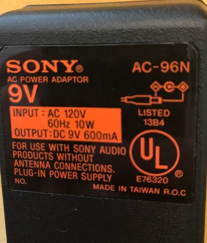 Genuine Sony AC-96N AC Adapter Original 9V Power Supply for Discman 9-volt - J1