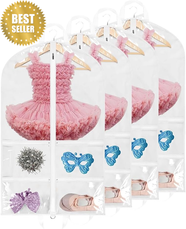 Clear PVC Garment Bags for Dance Costumes with 4 Zipper Pockets （4Pack） | 40 Inc