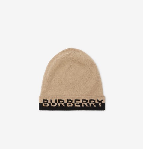 【関税&送料込】Burberry Beanie NWT BURBERRY CORE BLACK WHITE CASHMERE LETTERING LOGO BEANIE